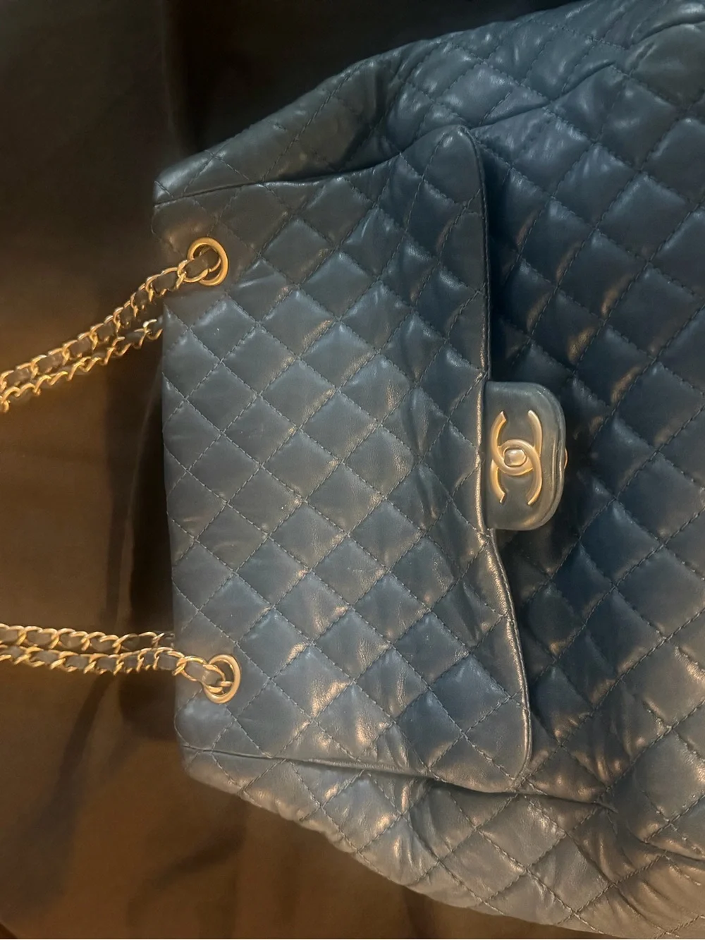 CHANEL Quilted Shoulder and Crossbody Bag in Navy Blue with Gold Hardware